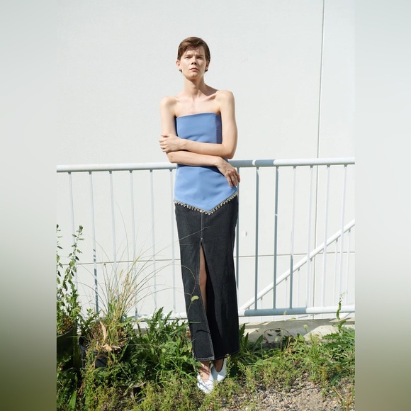 NOMIA NYC Designer Sz 6 Slit Front Maxi Jean Skirt In Black Stonewash NWOT - Picture 14 of 15